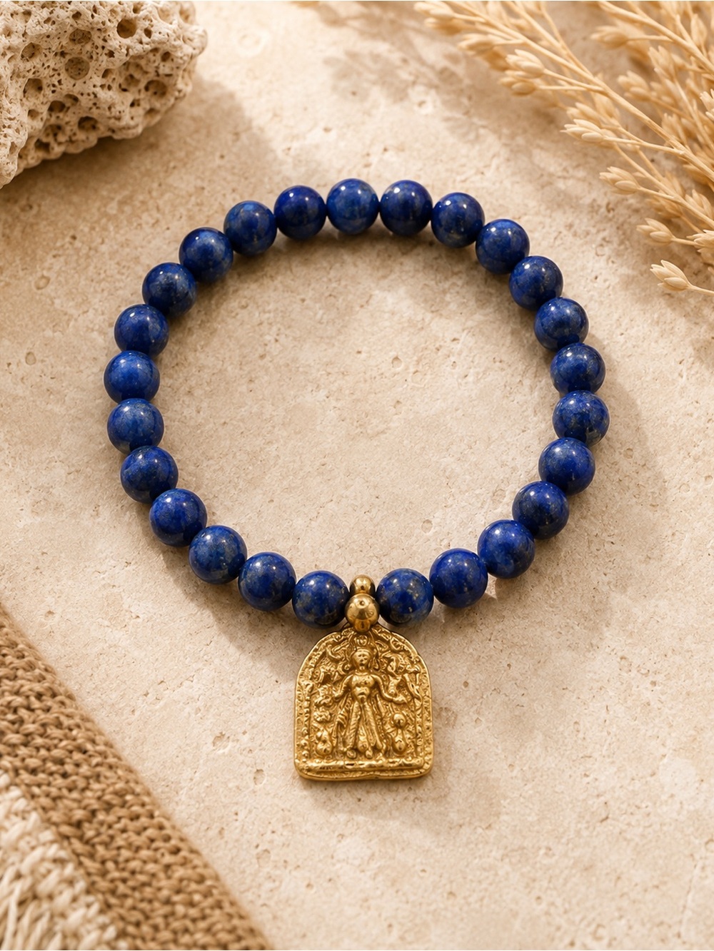 Bali Artisan Lapis Lazuli Beaded Bracelet Gold Goddess Pendant